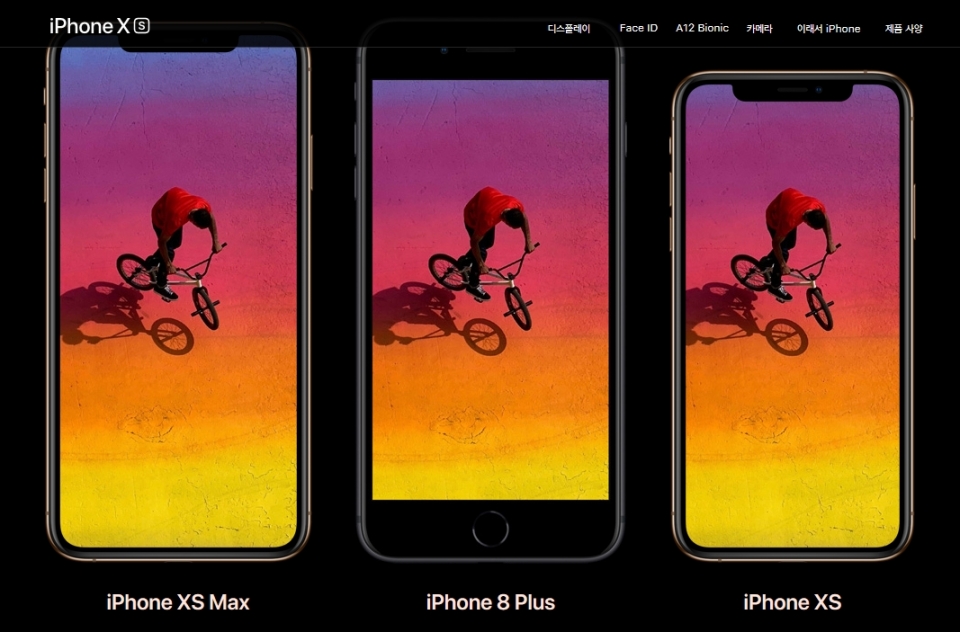 아이폰 XS 맥스와 아이폰 8 플러스, 아이폰 XS 크기 비교. 애플 홈페이지 갈무리.