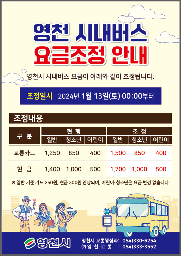 영천시의 시내버스 요금이 13일부터 인상된다. (영천시 제공)